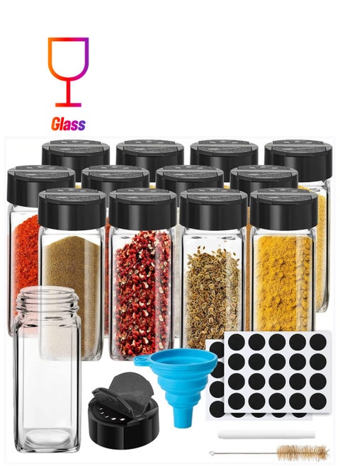 Spice Jars with Labels, 4 oz Glass Spice Jars with Lids, Spice Box set with Stickers, Collapsible Funnel, Pens (24 PCS Bamboo Lid) (12 PCS Black Shaker Lid)