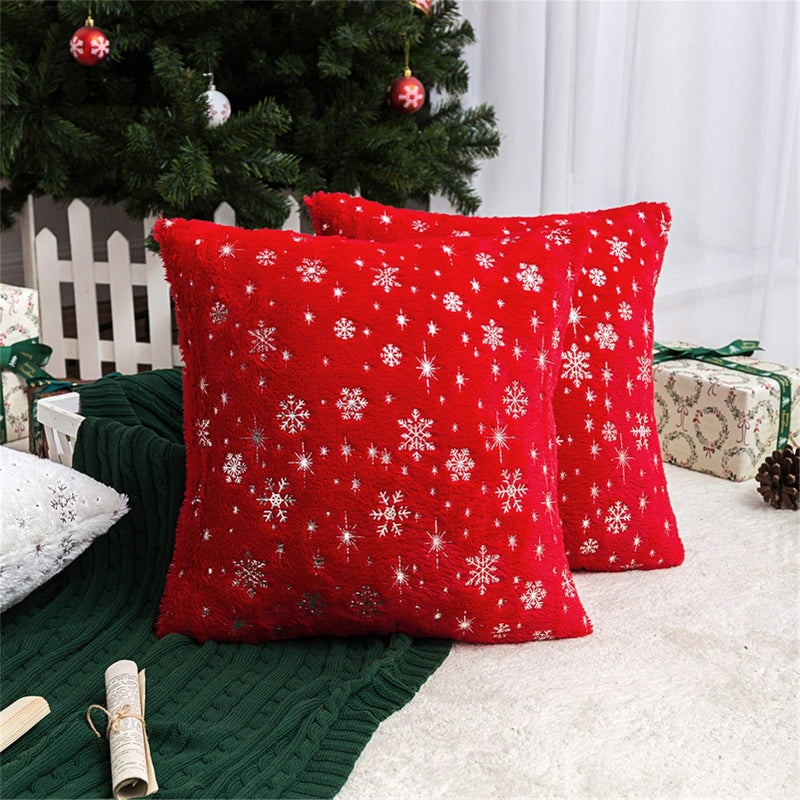 AQOTHES Soft Faux Fur Fuzzy Cute Decorative Throw Pillows Covers with Snowflake Glitter Printed Pillowcases for Christmas Decor Home Bed Room Sofa Chair Couch Red 18x18 inch Pack of 2