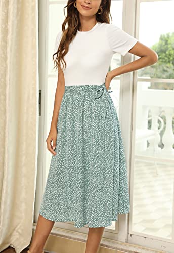 Zattcas Women 2025 Summer Dress Short Sleeve Ribbed Teacher Church Modest Casual Business Work Outfits Midi Dress with Pockets White Green XL - Image 2