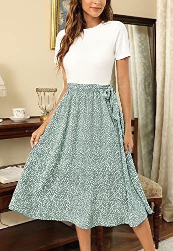 Zattcas Women 2025 Summer Dress Short Sleeve Ribbed Teacher Church Modest Casual Business Work Outfits Midi Dress with Pockets White Green XL - Image 3