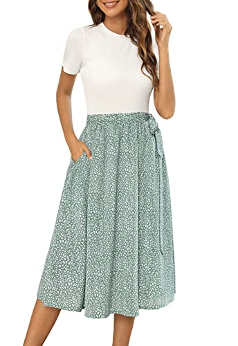 Zattcas Women 2025 Summer Dress Short Sleeve Ribbed Teacher Church Modest Casual Business Work Outfits Midi Dress with Pockets White Green XL - Image 1