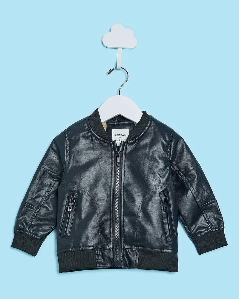 REDTAG Infant Boys Black Pu Jacket With Sherpa Lining