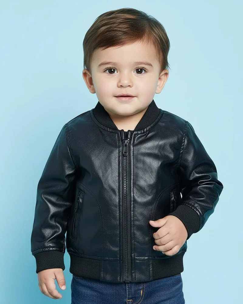 REDTAG Infant Boys Black Pu Jacket With Sherpa Lining