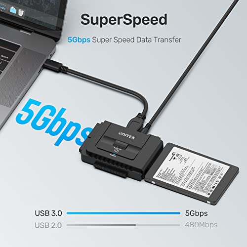 UNITEK محول يونيتيك USB C إلى IDE و SATA لمحول القرص الصلب الخارجي، مجموعة ملحقات للقرص الصلب HDD/SSD بحجم 2.5/3.5، وظيفة النسخ الاحتياطي بلمسة واحدة، مزود بمحول طاقة 12V/2A - Image 3