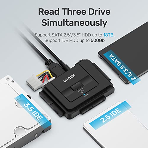 UNITEK محول يونيتيك USB C إلى IDE و SATA لمحول القرص الصلب الخارجي، مجموعة ملحقات للقرص الصلب HDD/SSD بحجم 2.5/3.5، وظيفة النسخ الاحتياطي بلمسة واحدة، مزود بمحول طاقة 12V/2A - Image 2