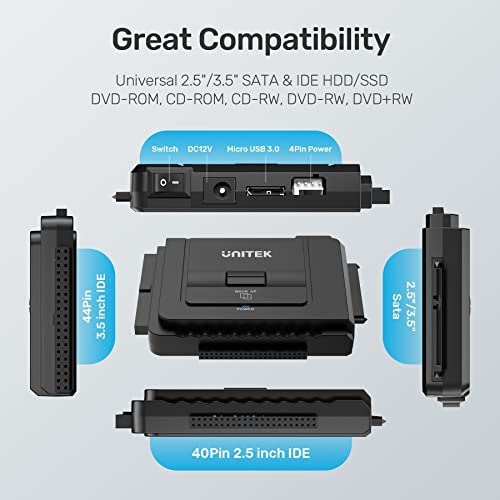 UNITEK محول يونيتيك USB C إلى IDE و SATA لمحول القرص الصلب الخارجي، مجموعة ملحقات للقرص الصلب HDD/SSD بحجم 2.5/3.5، وظيفة النسخ الاحتياطي بلمسة واحدة، مزود بمحول طاقة 12V/2A - Image 5