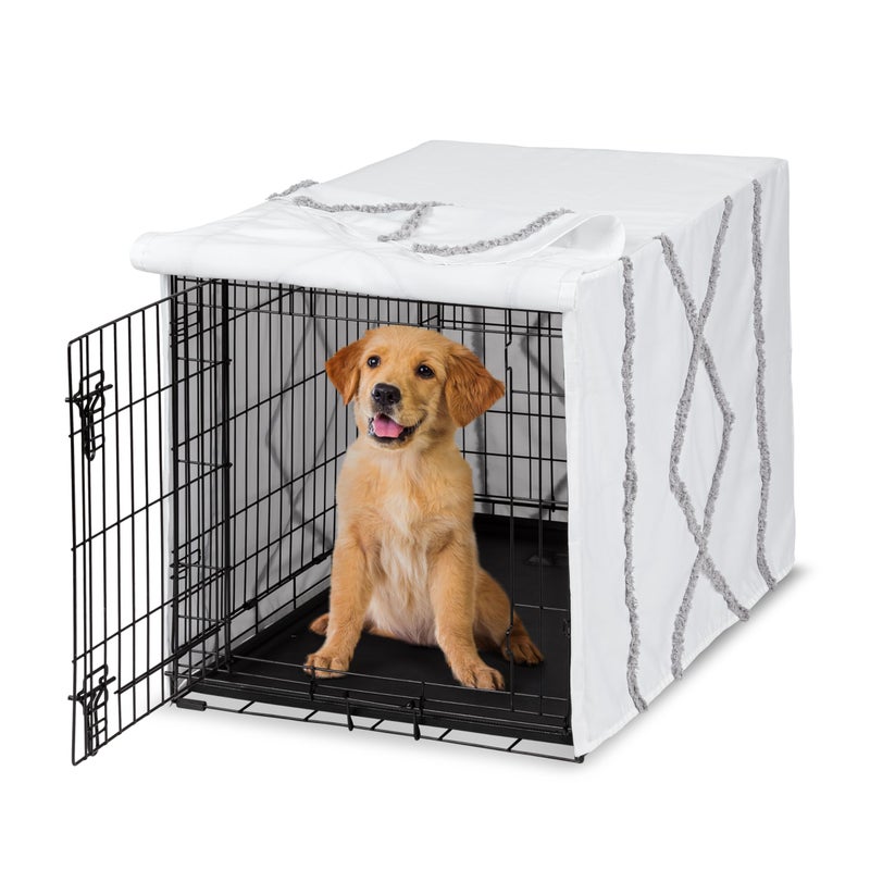 Sweet Jojo Designs 36in Medium Dog Crate Cover Grey Boho Modern Tuft Pet Cage Kennel Covers Bohemian Farmhouse Shabby Chic Designer Neutral Elegant Minimalist Gray and White Tufted Cotton
