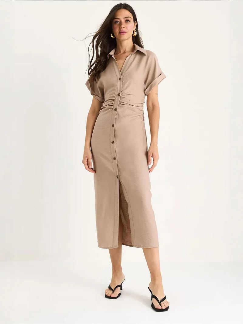 Bianco Lucci LUCCI V-neck Midi Dress with Button Closure