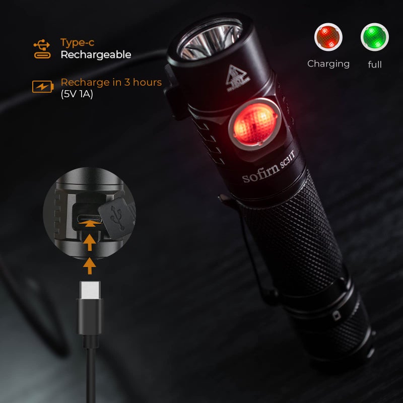 sofirn SC31T Rechargeable Flashlight 2000 Lumens, Pocket Flashlight with Powerful SST40 6500K LED, for EDC Camping Hiking Fishing Dog Walking (SC31T-Kit) - Image 4
