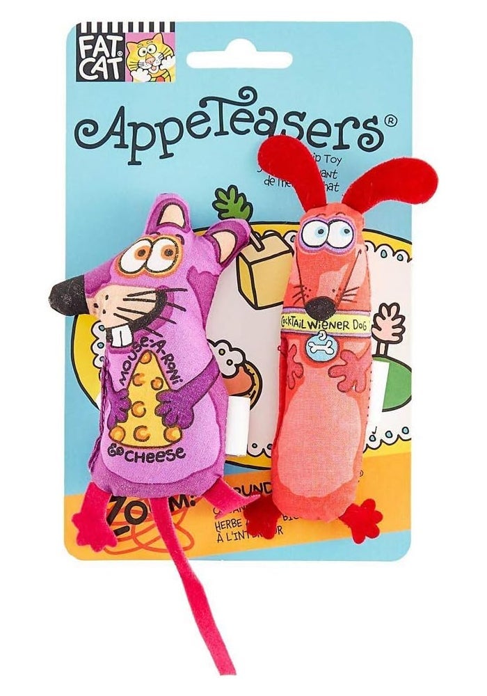 Doskocil Fat Cat Classic Appeteasers Cat Toys - 2 Pack with Mouse-A-Roni and Cocktail Wiener Dog
