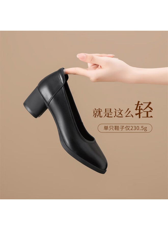 Zhr First Layer Cowhide Women's Shoes Spring Summer Commuter Leather Shoes Women Chunky Heel Single Shoes Formal Workplace Work Shoes Km61 Black 36