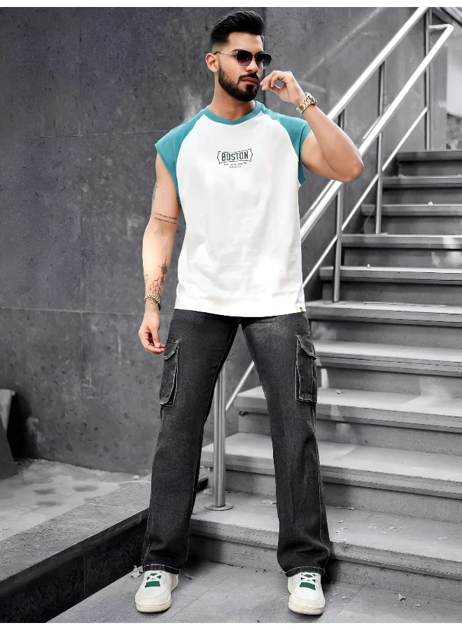 Maniac Mens Printed Round Neck Raglan Sleeveless White and Teal Blue Cotton T-Shirt