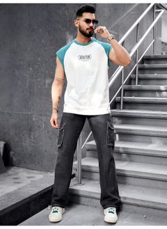 Maniac Mens Printed Round Neck Raglan Sleeveless White and Teal Blue Cotton T-Shirt  - Image 5