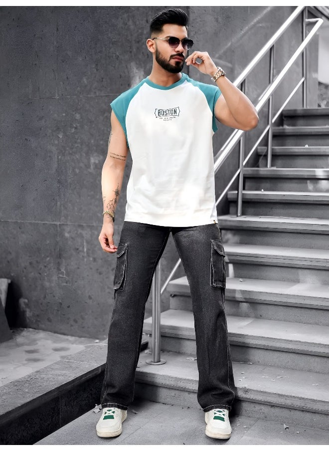 Maniac - Mens Printed Round Neck Raglan Sleeveless White and Teal Blue Cotton T-Shirt - Image 1