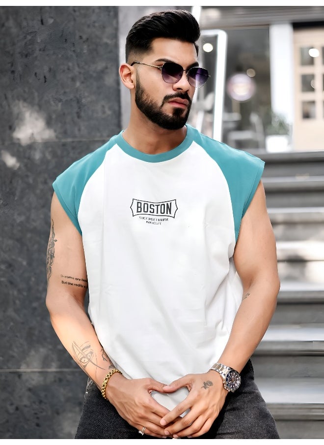 Maniac - Mens Printed Round Neck Raglan Sleeveless White and Teal Blue Cotton T-Shirt - Image 1
