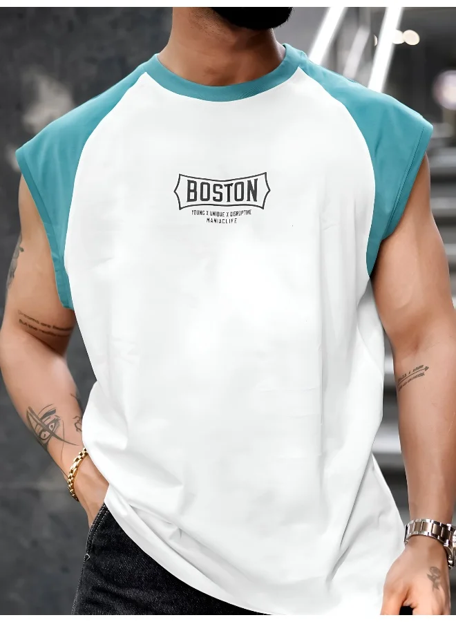 Maniac Mens Printed Round Neck Raglan Sleeveless White and Teal Blue Cotton T-Shirt