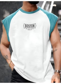 Maniac Mens Printed Round Neck Raglan Sleeveless White and Teal Blue Cotton T-Shirt  - Image 4