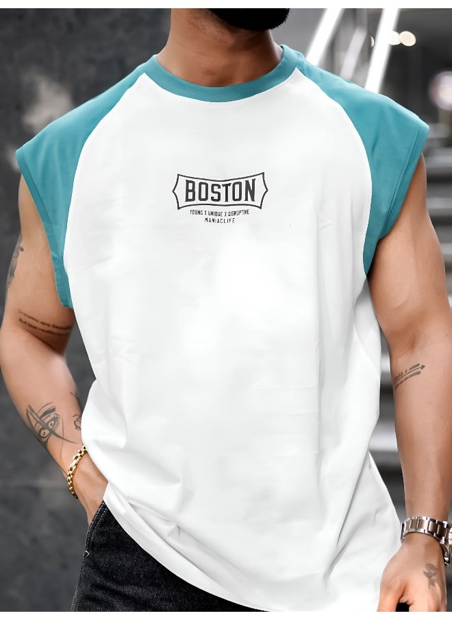 Maniac - Mens Printed Round Neck Raglan Sleeveless White and Teal Blue Cotton T-Shirt - Image 1