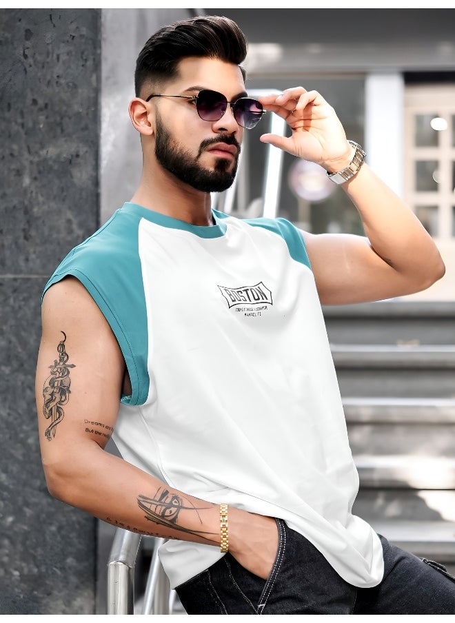 Maniac - Mens Printed Round Neck Raglan Sleeveless White and Teal Blue Cotton T-Shirt - Image 1