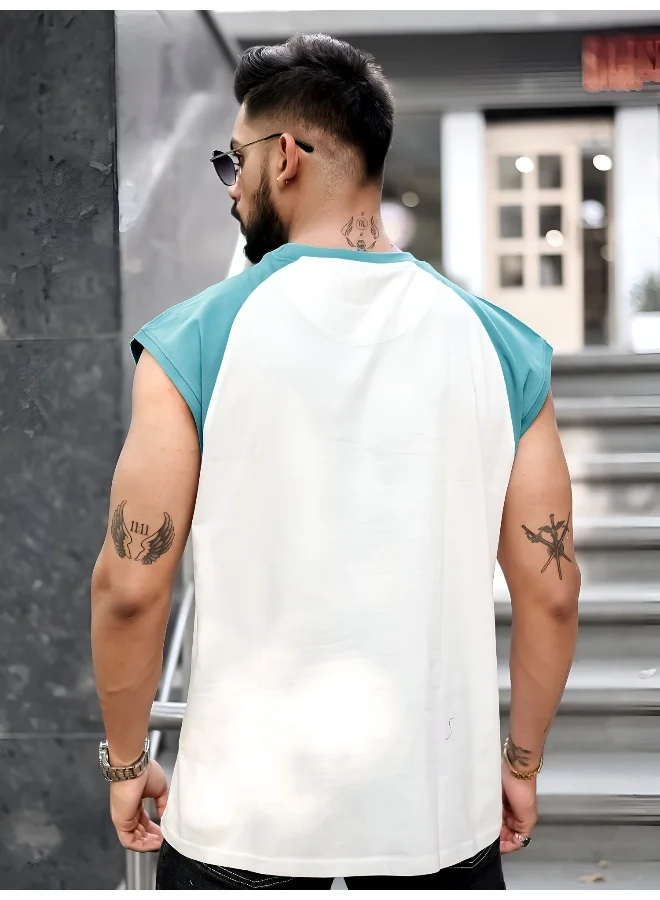 Maniac Mens Printed Round Neck Raglan Sleeveless White and Teal Blue Cotton T-Shirt