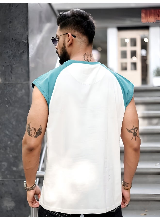 Maniac - Mens Printed Round Neck Raglan Sleeveless White and Teal Blue Cotton T-Shirt - Image 1