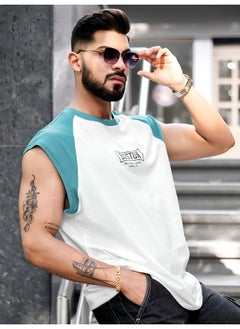 Mens Printed Round Neck Raglan Sleeveless White and Teal Blue Cotton T-Shirt - pzsku/Z6FF104360B1BF5FCD9D2Z/45/_/1729578657/6dd365ee-0f04-4d88-aa98-cd9e70e67671