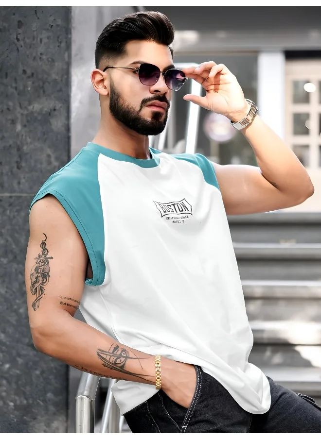 مانياك Mens Printed Round Neck Raglan Sleeveless White and Teal Blue Cotton T-Shirt