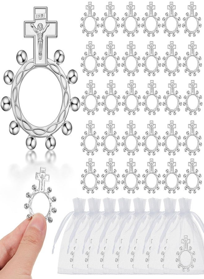 Landical 30 Pieces Baptism Favors Set Religious Finger Rosary Rings Bulk Small Pocket Cross Prayer Catholic Rings with Organza Bags for Guests Men Women Christening Party Favors Baby Shower Supplies - Image 1
