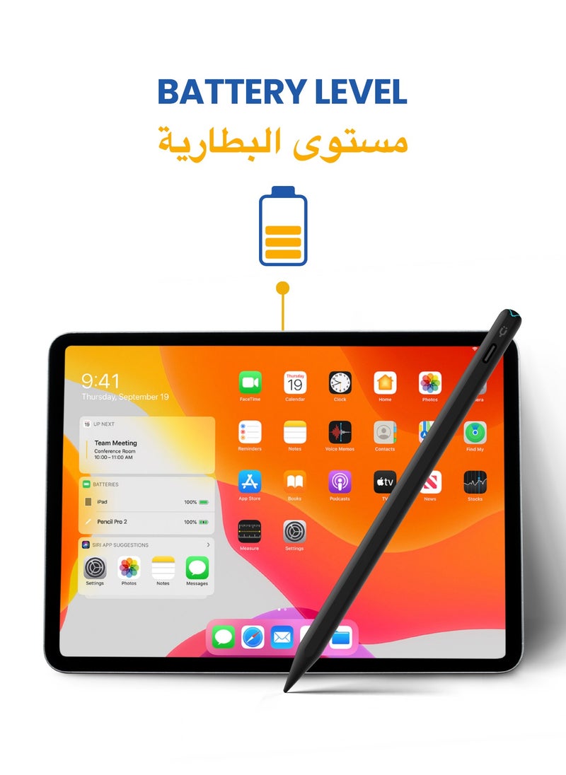 تاينيموس - قلم ستايلس بنسل برو 2 مع إيماءات  مؤشر بطارية على الشاشة شحن سريع رفض راحة اليد لجهاز Apple iPad 2018 - أسود - Image 1