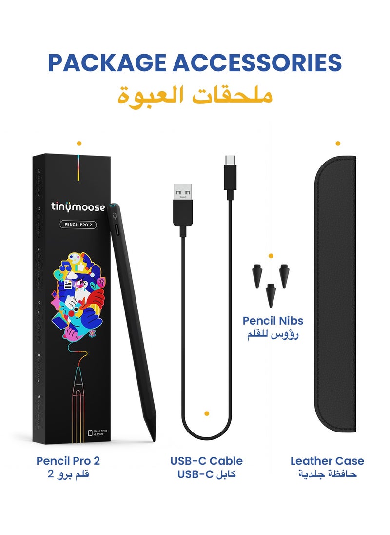 تاينيموس - قلم ستايلس بنسل برو 2 مع إيماءات  مؤشر بطارية على الشاشة شحن سريع رفض راحة اليد لجهاز Apple iPad 2018 - أسود - Image 1