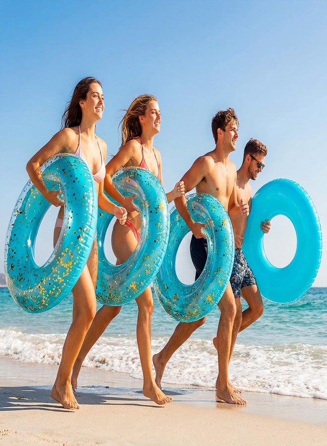 ShinyRelief 4 Pcs 42 Inch Large Inflatable Pool Float Tube for Adult Glitter Sparkly Confetti Swim Ring UV Resistant Inflatable Tube Beach Lake Summer Swimming Pool Party Float (Blue Gold) - Image 2