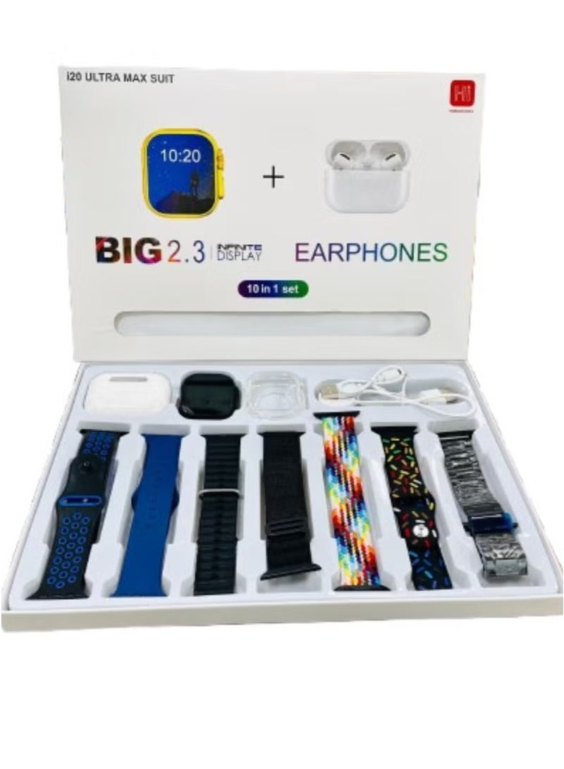 vesus 10 in1 Smart Watch Ultra with Earphones Or 10 Straps Full Touch Color Screen Bluetooth Calling Health and Sports Smartwatch Multicolor - Image 2