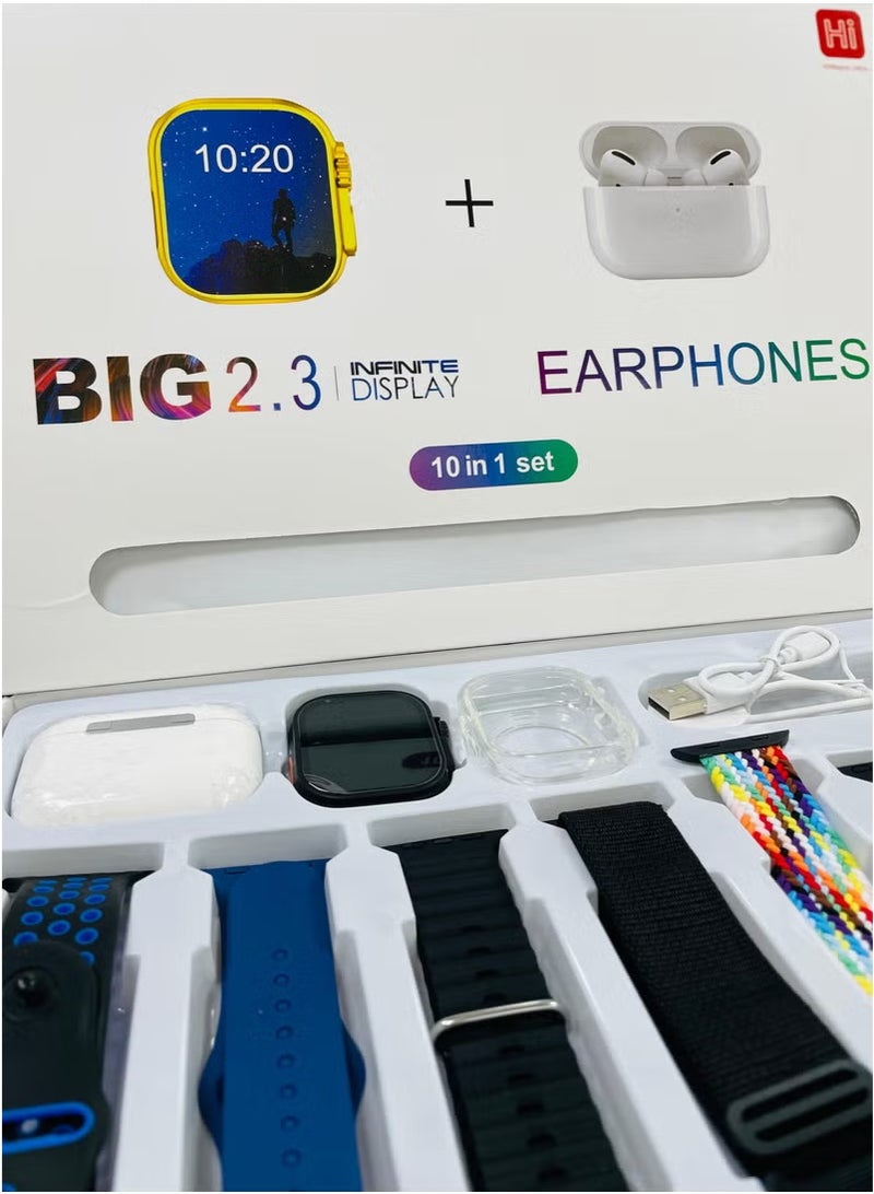 vesus 10 in1 Smart Watch Ultra with Earphones Or 10 Straps Full Touch Color Screen Bluetooth Calling Health and Sports Smartwatch Multicolor - Image 4