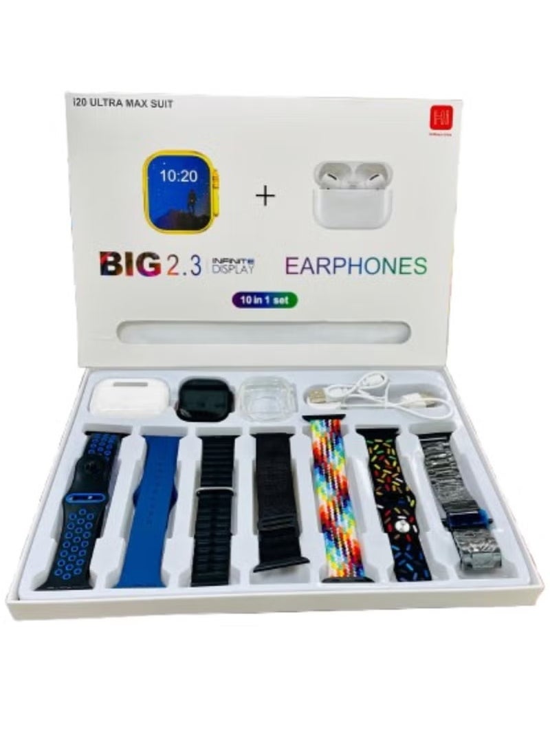 vesus 10 in1 Smart Watch Ultra with Earphones Or 10 Straps Full Touch Color Screen Bluetooth Calling Health and Sports Smartwatch Multicolor - Image 1