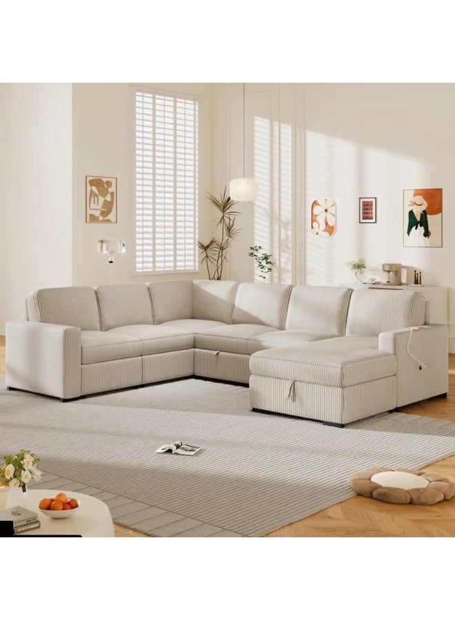 Zayn comforts Oversized U-Shape Sleeper Sectional Sofa with Storage Chaise – Convertible Modular Couch with Pull-Out Bed (Beige, Left Chaise) - Image 1