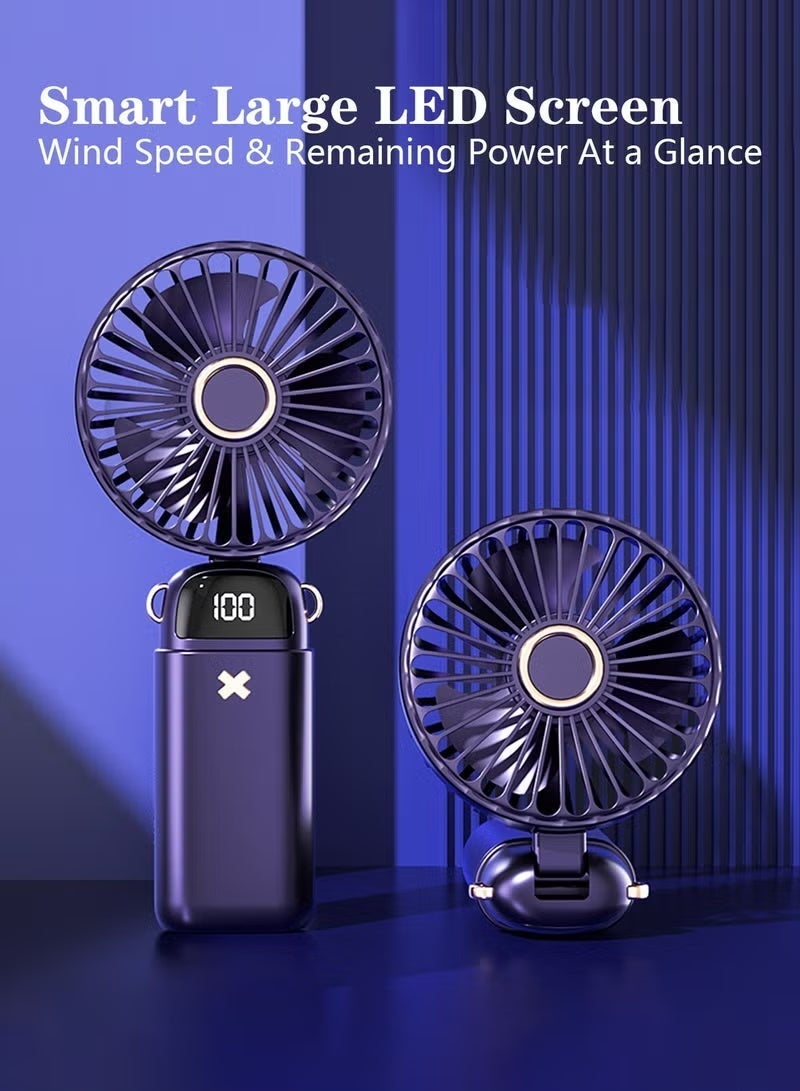 YUFAN 2000mAh Portable Fan with Smart Display, 5 Speeds, 3-in-1 Handheld, Neck Hanging and Desk Design, Detachable Lanyard, Foldable Phone Holder, USB Rechargeable, for Outdoor Travel, Office and Home, Blue - Image 3
