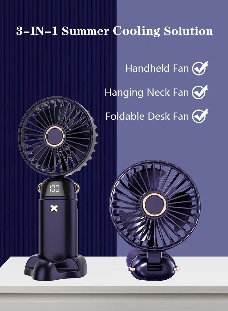 YUFAN 2000mAh Portable Fan with Smart Display, 5 Speeds, 3-in-1 Handheld, Neck Hanging and Desk Design, Detachable Lanyard, Foldable Phone Holder, USB Rechargeable, for Outdoor Travel, Office and Home, Blue - Image 4