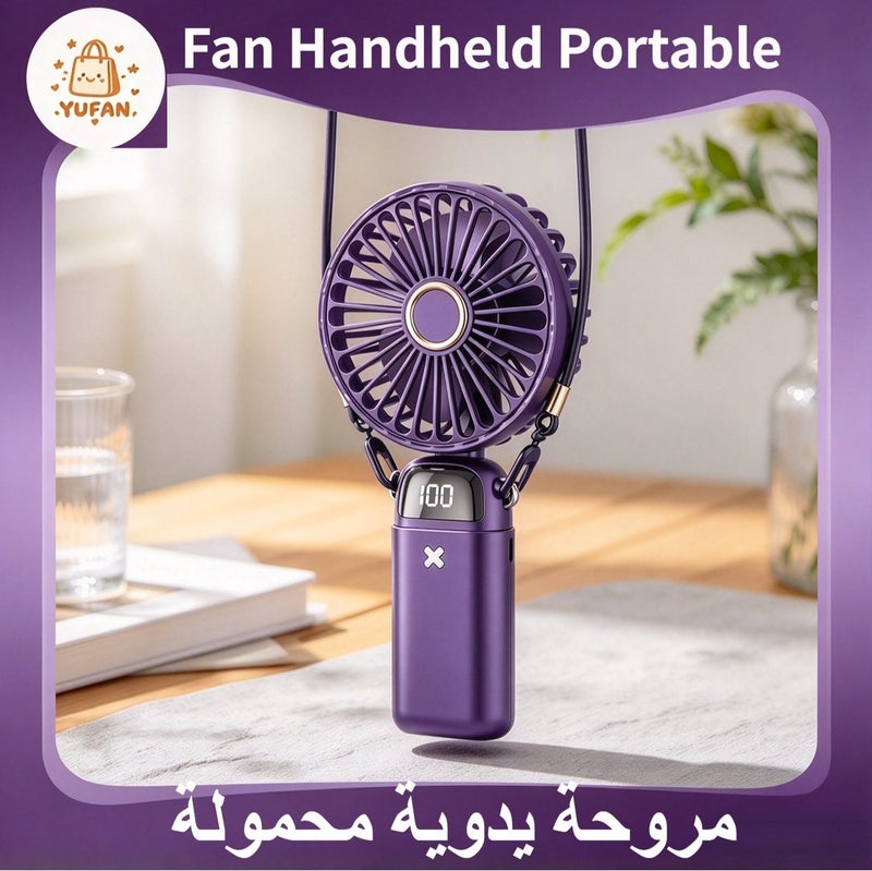 YUFAN 2000mAh Portable Fan with Smart Display, 5 Speeds, 3-in-1 Handheld, Neck Hanging and Desk Design, Detachable Lanyard, Foldable Phone Holder, USB Rechargeable, for Outdoor Travel, Office and Home, Blue - Image 1