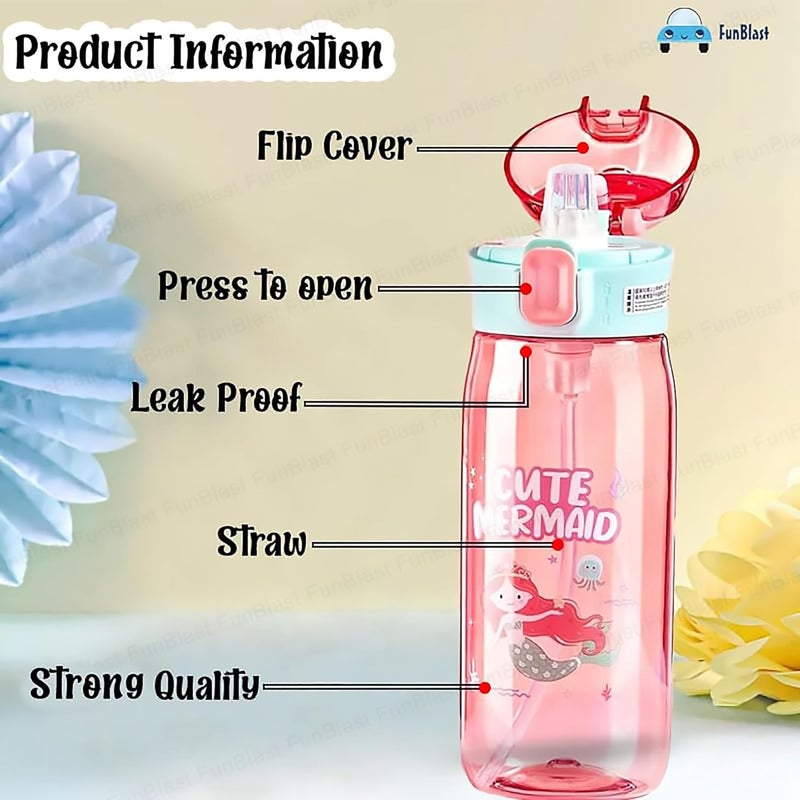 FunBlast زجاجة ماء لطيفة للفتيات - زجاجة شرب كرتونية مضادة للتسرب للأطفال (630 مل) (حورية البحر) - تريتان، عبوة من 1، متعددة الألوان - Image 3
