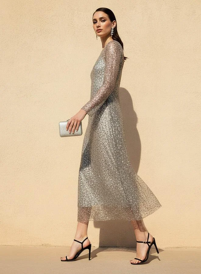Iconic  Iconic Embellished Sequin Party Dress with Long Sleeves for Women | Best Price UAE