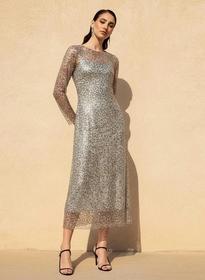 ايكونيك Iconic Embellished Sequin Party Dress with Long Sleeves