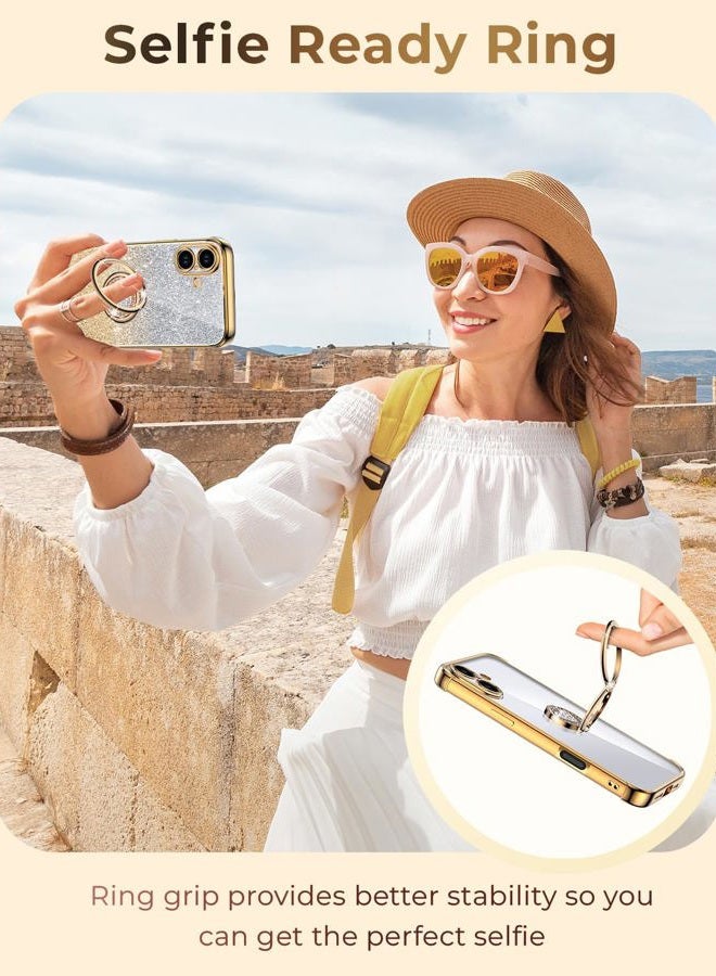 XYZ for iPhone 2025 Case with Stand, Phone Case with Double Ring Kickstand, Women Girls Bling Luxury Glitter Clear Phone Case Cover Heart for Apple 2025, Gold - Image 2