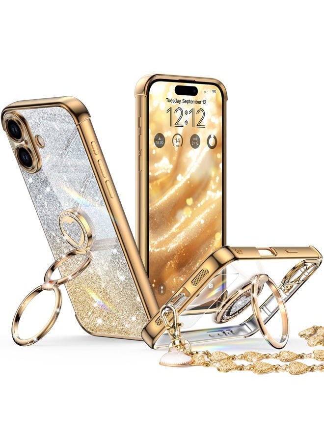 XYZ for iPhone 2025 Case with Stand, Phone Case with Double Ring Kickstand, Women Girls Bling Luxury Glitter Clear Phone Case Cover Heart for Apple 2025, Gold - Image 1