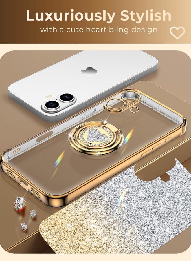 XYZ for iPhone 2025 Case with Stand, Phone Case with Double Ring Kickstand, Women Girls Bling Luxury Glitter Clear Phone Case Cover Heart for Apple 2025, Gold - Image 5