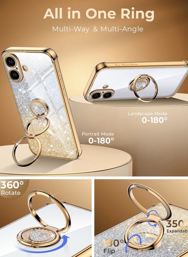 XYZ for iPhone 2025 Case with Stand, Phone Case with Double Ring Kickstand, Women Girls Bling Luxury Glitter Clear Phone Case Cover Heart for Apple 2025, Gold - Image 3