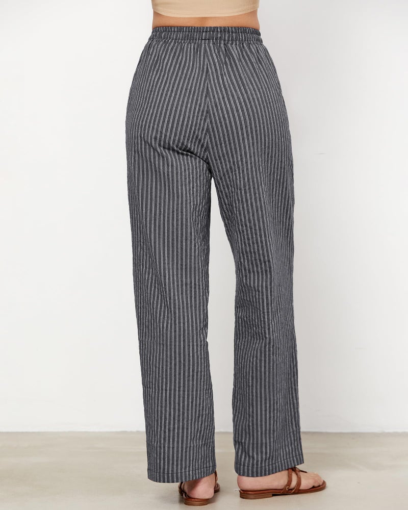 GRAPENT Wide Leg Linen Pants Woman Women's Elastic Waist Pants Linen Cotton Women Womens Comfy Womens Spring Elastic Waist Kaki Pant for Women Dark Gray Stripe Size Large US 12 to 14 - Image 2