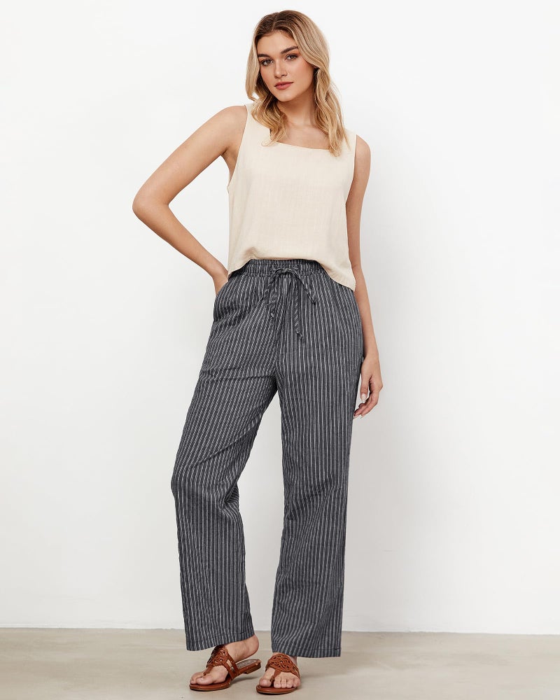 GRAPENT Wide Leg Linen Pants Woman Women's Elastic Waist Pants Linen Cotton Women Womens Comfy Womens Spring Elastic Waist Kaki Pant for Women Dark Gray Stripe Size Large US 12 to 14 - Image 5