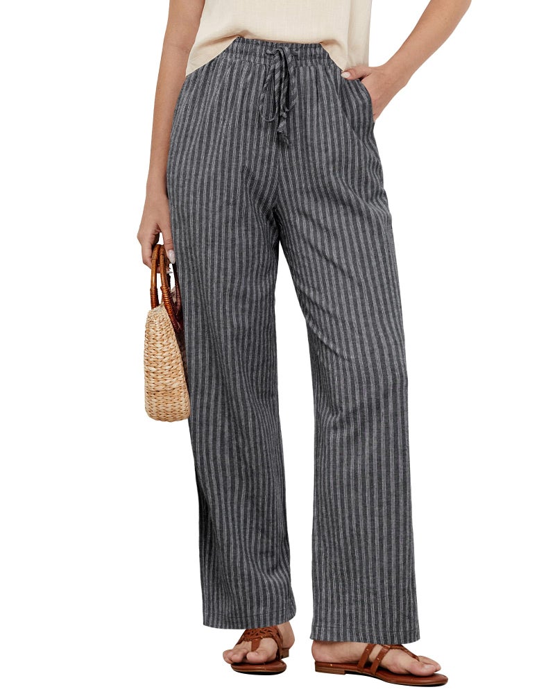GRAPENT Wide Leg Linen Pants Woman Women's Elastic Waist Pants Linen Cotton Women Womens Comfy Womens Spring Elastic Waist Kaki Pant for Women Dark Gray Stripe Size Large US 12 to 14 - Image 1
