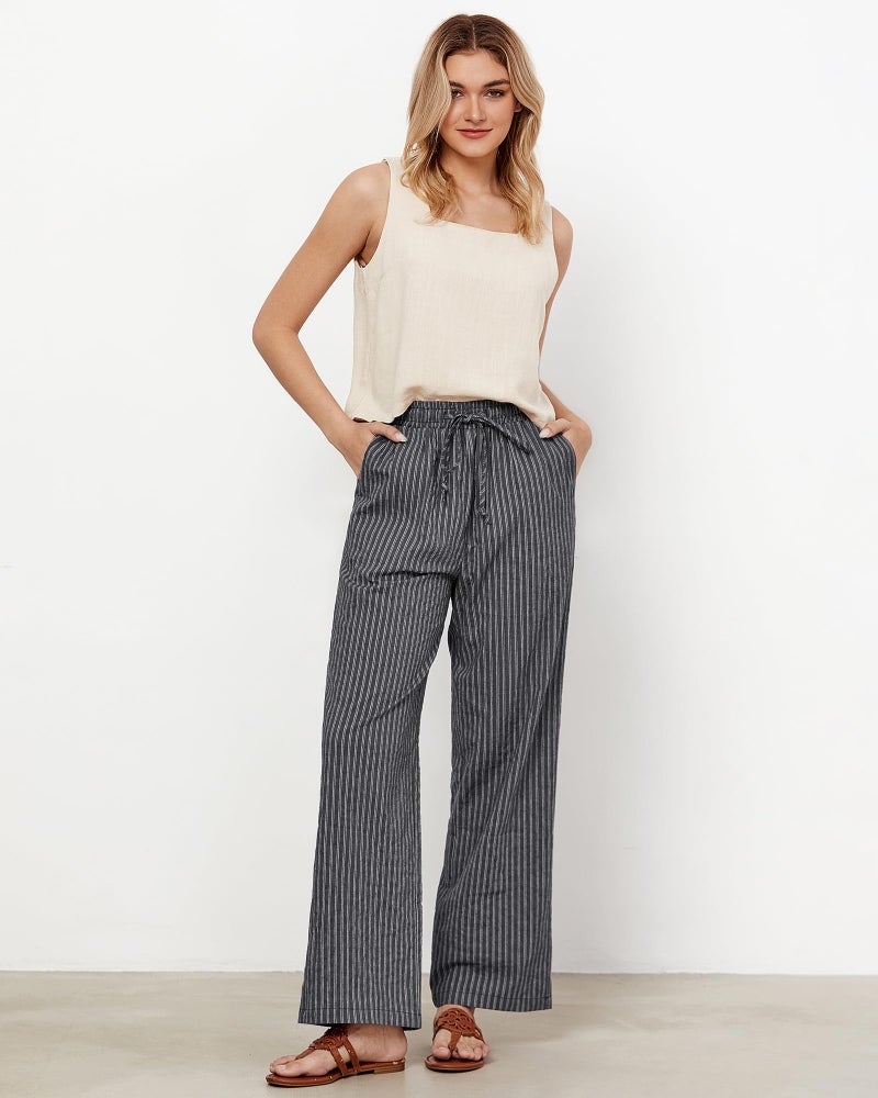 GRAPENT Wide Leg Linen Pants Woman Women's Elastic Waist Pants Linen Cotton Women Womens Comfy Womens Spring Elastic Waist Kaki Pant for Women Dark Gray Stripe Size Large US 12 to 14 - Image 4