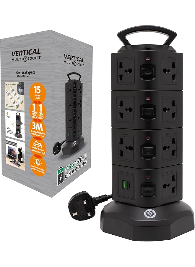 Smart Design Solutions Smart Design Solutions Tower Extension Cord Surge Protector - 15-Socket Power Strip with USB Ports & 3M Cable (4 Layers-Black)  - Image 1